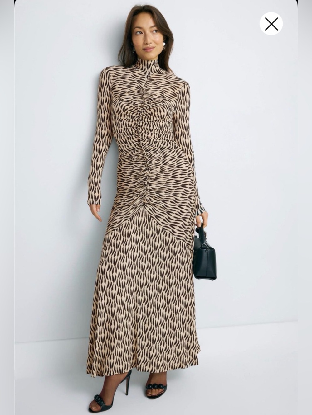 Ulla Johnson Beige and Black Abstract Ruched Long-Sleeve Maxi Dress